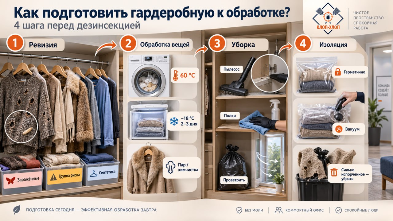 Подготовка гардеробной к обработке: ревизия вещей, стирка, уборка и изоляция зараженных предметов